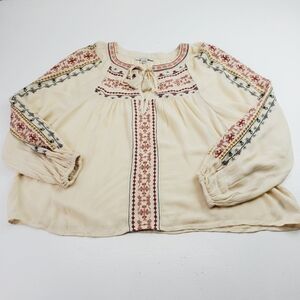 American Eagle Ivory Blouse, Embroidered Boho 3/4 Sleeve Tassel V-Neck, Small